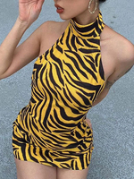 Robes Moulantes Motif Tigre Imprimé Sans Manches Tuyauterie Décontractée Col Haut Dos Nu Robe Slim Fit Robe Fourreau