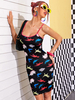 Robes moulantes noir imprimé floral sans manches découpé bretelles décontractées cou robe mi-longue irrégulière