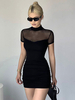 Robes Moulantes Noir Manches Courtes Col Montant Sexy Col Haut Robe Fourreau Transparente