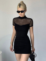 Robes Moulantes Noir Manches Courtes Col Montant Sexy Col Haut Robe Fourreau Transparente