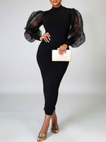 Robes Moulantes Noir Manches Longues Décontracté Robe Mi-Longue Manches Bouffantes Transparentes Robe Fourreau