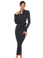 Robes moulantes noir manches longues fermeture éclair décontracté col montant asymétrique longue robe fourreau robe crayon