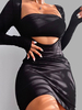 Robes Moulantes Noir Manches Longues Tuyauterie Décontractée Sans Bretelles Stretch Robe Midi Robe Fourreau