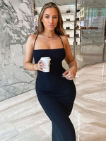 Robes Moulantes Noir Sans Manches Passepoil Bretelles Décontractées Cou Asymétrique Robe Slim Fit Robe Fourreau