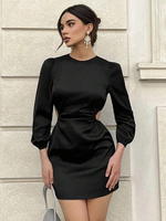 Robes moulantes noires manches longues découpées chic col bijou robe moulante robe fourreau