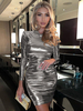 Robes moulantes noires manches longues plissées sexy col bijou robe extensible robe fourreau