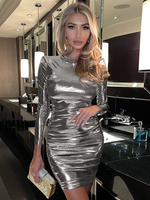Robes moulantes noires manches longues plissées sexy col bijou robe extensible robe fourreau