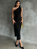 Robes Moulantes Noires Sans Manches Sexy Col Asymétrique Robe Fourreau Fendue