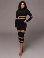 Robes Moulantes Noires Transparentes Col Haut Extensible Chic Manches Longues