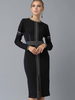 Robes moulantes pour femmes noir bloc de couleur manches longues devant fendu décontracté col bijou robe midi