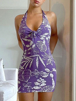Robes moulantes pourpre imprimé floral licou sans manches plissé décontracté robe fourreau asymétrique