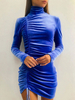 Robes moulantes Robe crayon mi-longue bleue à col haut avec cordon de serrage et cordon de serrage décontractée à manches longues