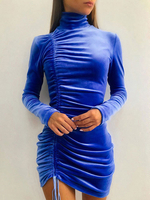 Robes moulantes Robe crayon mi-longue bleue à col haut avec cordon de serrage et cordon de serrage décontractée à manches longues