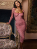 Robes Moulantes Rose Col Carré Dentelle Dos Nu Manches Longues Robe Crayon