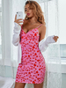 Robes moulantes Rose motif imprimé floral sans manches plissé décontracté col en V épaule ouverte robe ajustée robe fourreau