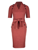 Robes moulantes rouge brique manches courtes boutons col en v robe mi-longue robe fourreau bureau robe crayon