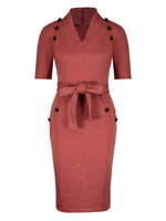 Robes moulantes rouge brique manches courtes boutons col en v robe mi-longue robe fourreau bureau robe crayon