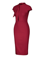 Robes moulantes rouge manches courtes col haut robe ajustée robe fourreau bureau robe crayon