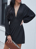 Robes Moulantes Sexy Courtes Femmes à Col Décolleté en V avec Manches Longues Amples Coupe Cintrée Unicolore