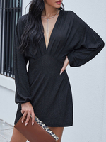 Robes Moulantes Sexy Courtes Femmes à Col Décolleté en V avec Manches Longues Amples Coupe Cintrée Unicolore