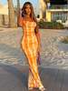 Robes moulantes Tie Dye Orange Bretelles Cou Tuyauterie Épaule Ouverte Décontractée Sans Manches Longue Robe Crayon