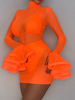 Robes Moulantes Transparentes Courtes Femmes à Col Montant avec Manches Longues Volantes Coupe Cintrée Unicolore Sexy