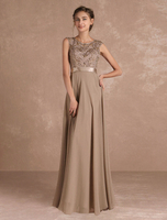 Robes mère de mariée 2021 De la mère de mousseline de soie robe dentelle perles Illusion robe de soirée sans manches Sash Taupe étage longueur robe formelle