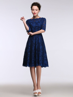 Robes mère de mariée 2021 Robe mère de mariés A-ligne en satin stretch Bleu Éclatant col bateau longueur genou