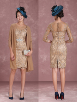 Robes mère de mariée 2021 Robe mère de mariés fourreau Tissu de satin champagne col rond avec dentelle longueur genou