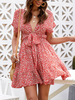 Robes patineuse à encolure en V manches courtes lacées imprimé Sexy Robe évasée
