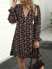 Robes patineuse à encolure en V manches longues noir imprimé Volants Robe ajustée et évasée