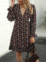Robes patineuse à encolure en V manches longues noir imprimé Volants Robe ajustée et évasée