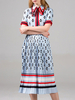 Robes patineuse à rayures col à manches courtes en dentelle couverture IMPRIMÉE Fit Casual Robe évasée