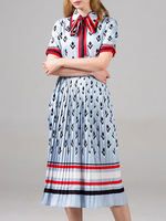 Robes patineuse à rayures col à manches courtes en dentelle couverture IMPRIMÉE Fit Casual Robe évasée