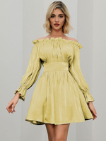 Robes Patineuse Femmes Courtes avec Manches Longues Amples avec Epaules Dénudées Coupe Cintrée Bas Evasée Unicolore Sexy