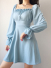 Robes Patineuse Polyester Col Carré À Lacets Robe Bleu Ciel Manches Longues Évasée