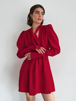 Robes patineuses avec nœud papillon col en V manches longues bouffantes ceinture élégantes printemps robes trapèze mini pour femmes 2025