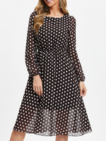 Robes patineuses col bijou manches longues plissées à pois superposées robe évasée en mousseline de soie décontractée