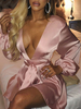 Robes patineuses col en V à lacets rose sexy manches longues dos nu ceinture ajustée et robe évasée