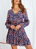 Robes patineuses col en V bleu profond manches longues imprimé floral chemise décontractée surdimensionnée robe ajustée et évasée