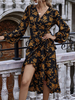 Robes Patineuses Col en V Manches Longues Imprimé Décontracté Robe Chic Irrégulier Robe évasée Femme Manches Bouffets