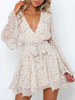 Robes patineuses col en V manches longues manches évasées à lacets imprimé floral cupless robe évasée sexy