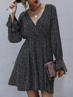Robes patineuses col en V manches longues plissée à pois irrégulière robe évasée dété décontractée