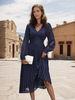 Robes Patineuses Col En V Plissé Marine Foncé Élégant Manches Longues Robe Midi