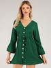 Robes Patineuses Courtes Femmes en Mousselines à Col V avec Manches Longues Volantes Coupe Cintrée à Lacets Fermeture avec Boutons Unicolore