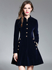 Robes Patineuses Courtes Femmes en Velours à Col Montant avec Manches Longues avec Poches avec Boutons Métales Coupe Cintrée Bicolores Robes