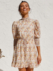 Robes Patineuses en Mousseline Imprimé Floral Jaune Col Montant Manches Demi Longues Cobe Courte