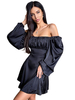 Robes Patineuses en Satin Femmes Courtes avec Manches Longues Amples Epaules Dénudées Coupe Cintrée Bas Evasée Unicolore