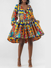 Robes patineuses femmes col en V bouffantes manches longues robe Dashiki imprimée