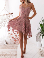 Robes Patineuses Femmes en Dentelles Cousu les Fleurs avec Bretelles à Col V Coupe Cintrée Unicolore Bas Evasée